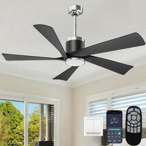 52'' Ceiling Fans with Lights, Modern Ceiling Fan with Remote Control, Indoor Outdoor Ceiling Fan for Living Room,Bedroom 5 Blade 3 Color Tempearture (Black)