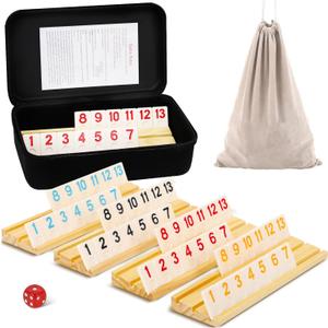 Upgraded 2-4 Players Rummy Game, 106 Melamine Tiles, 4 Wooden Racks, Premium Portable Case, Drawstring Bags, Tile Board Games for Adults, Birthday Gifts for Men Women Dad Mom