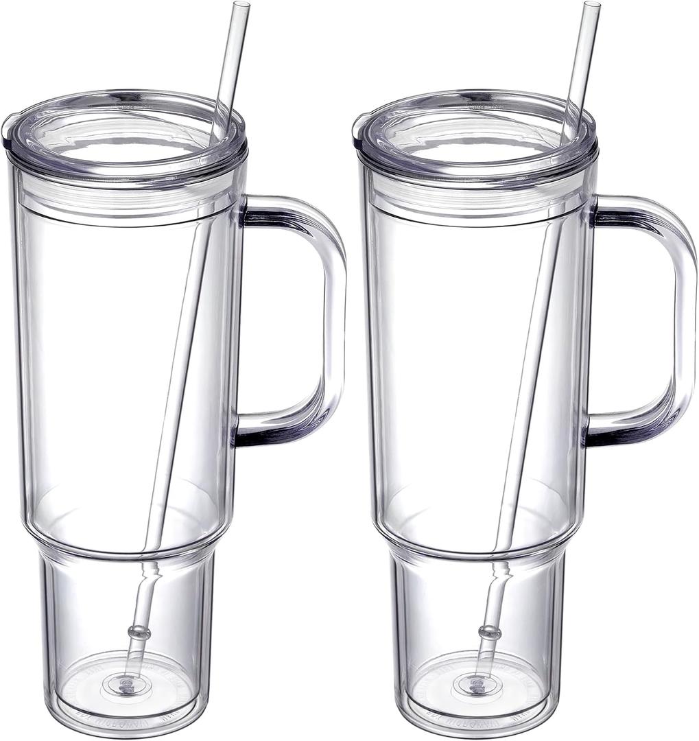 40 oz plastic tumbler with handle and Straw Lidclear tumblerDouble Wall Vacuum Reusable plastic Water Bottle Travel Mug CupClassic Acrylic Tumblers (2 Pack)