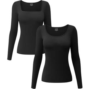 EUYZOU Long Sleeve Shapewear for Women Tummy Control Tops Square Neck Thermal Shirts Body Shaper Compression Top (Black, L)