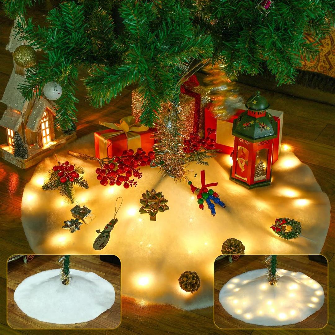 Christmas Tree Skirt with LED Light 30 Inch White Plush Faux Fur Tree Skirts Round Lighted Tree Skirt Snow Xmas Tree Skirt Christmas Snow Blanket for Xmas Party Decoration Garden