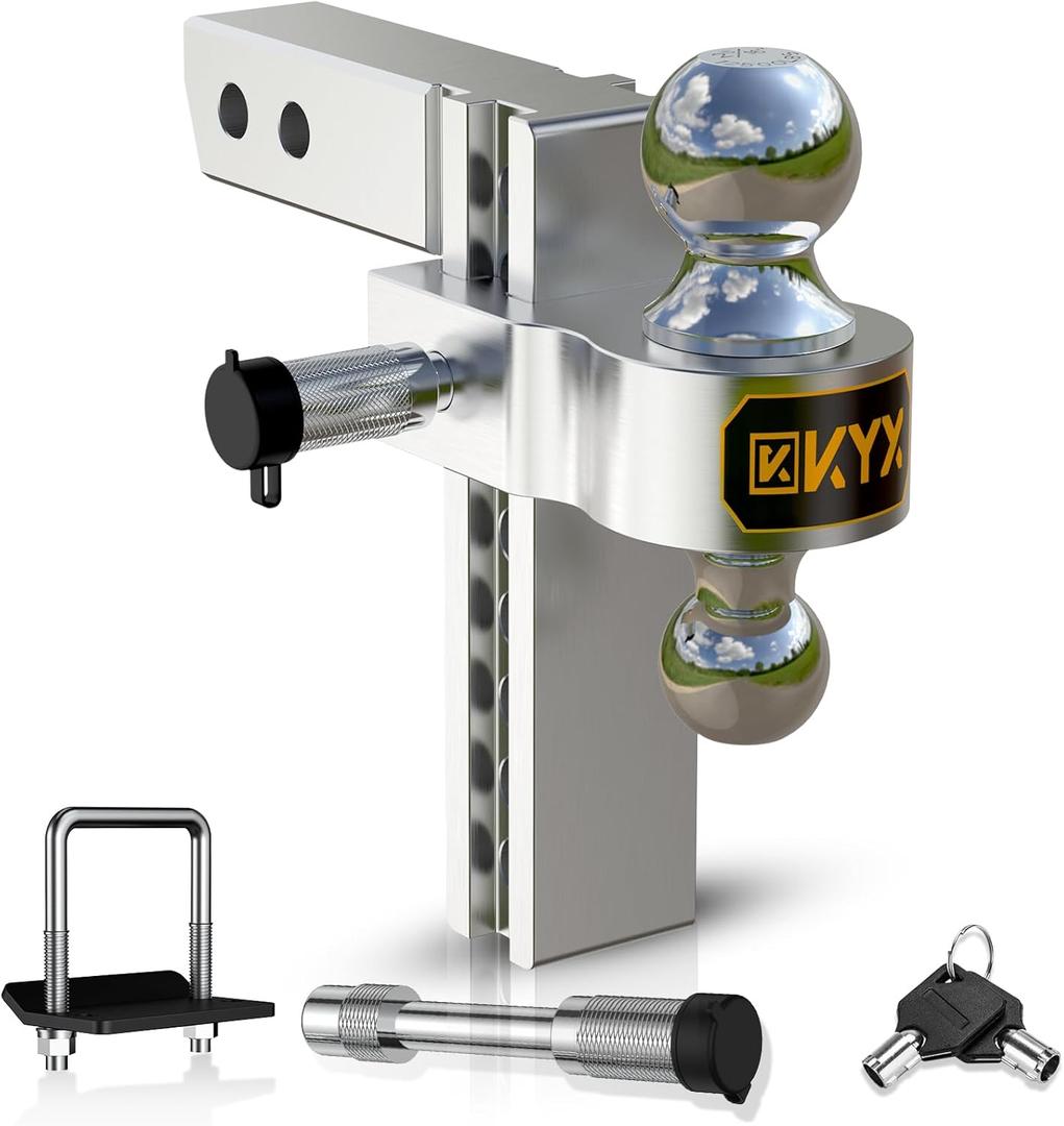 KYX Adjustable Drop Hitch for 2 Inch Receiver - 8" Drop/Rise Aluminum Hitch, Trailer Hitch for Truck 12,500 lbs GTW Heavy Duty Tow Ball Mount with Anti-Theft Locks (Fits 2" & 2-5/16" Balls)