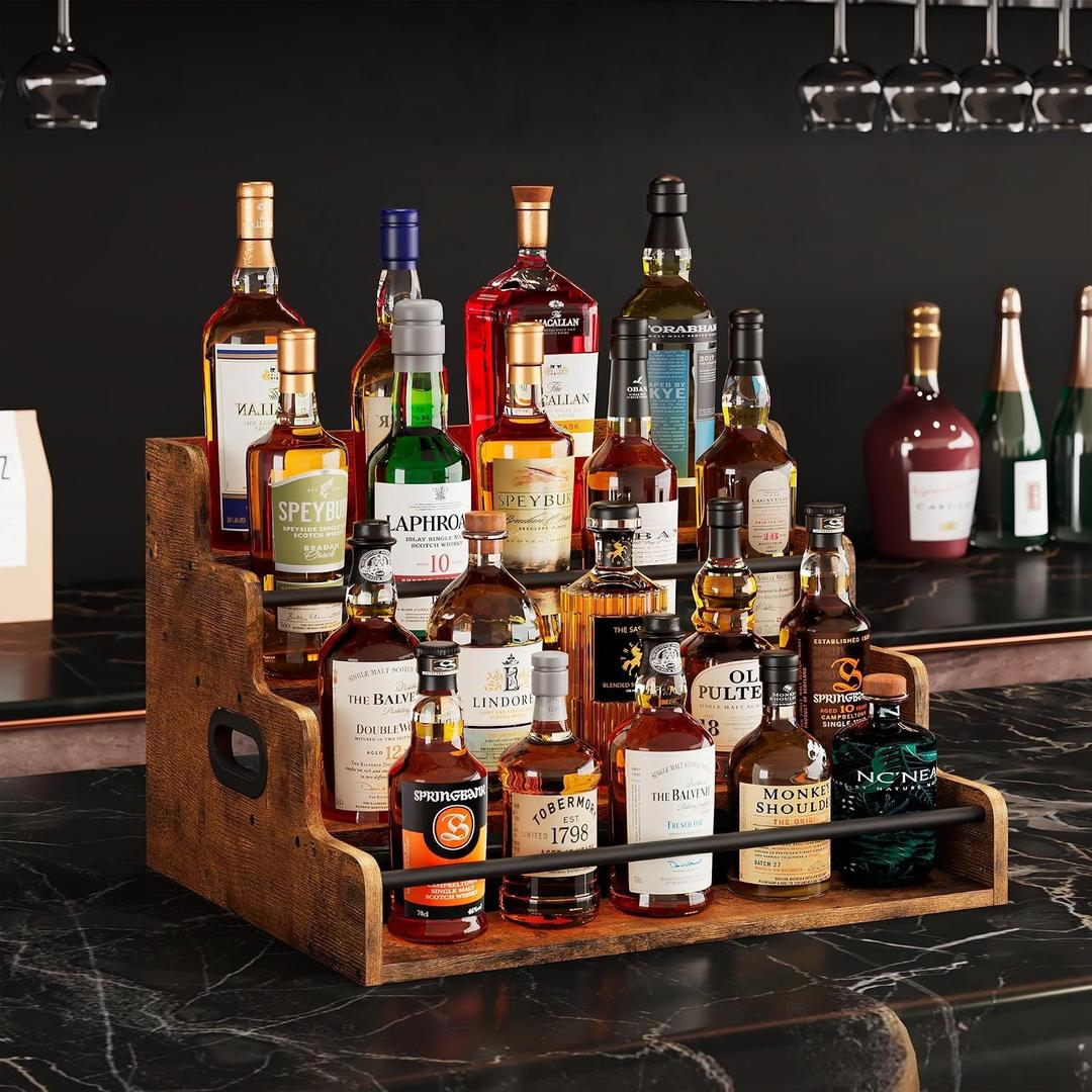 LIVELYGLOW 19.6W x 15.74" D x 12.5" H Inches Versatile 4-Step Coffee Syrup & Water Bottle Organizer Rack Multi-Functional Retro Display Shelf for Kitchen or Bar, Holds Liquor & Spirits, Wooden