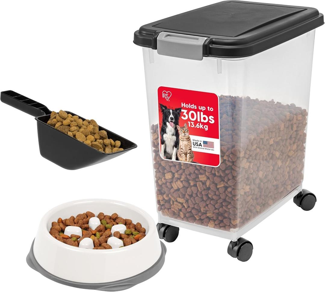 IRIS USA Dog Food Container & Slow Feeder Bowl, Up to 30 lbs, Black, 30 lbs - 1 Pack