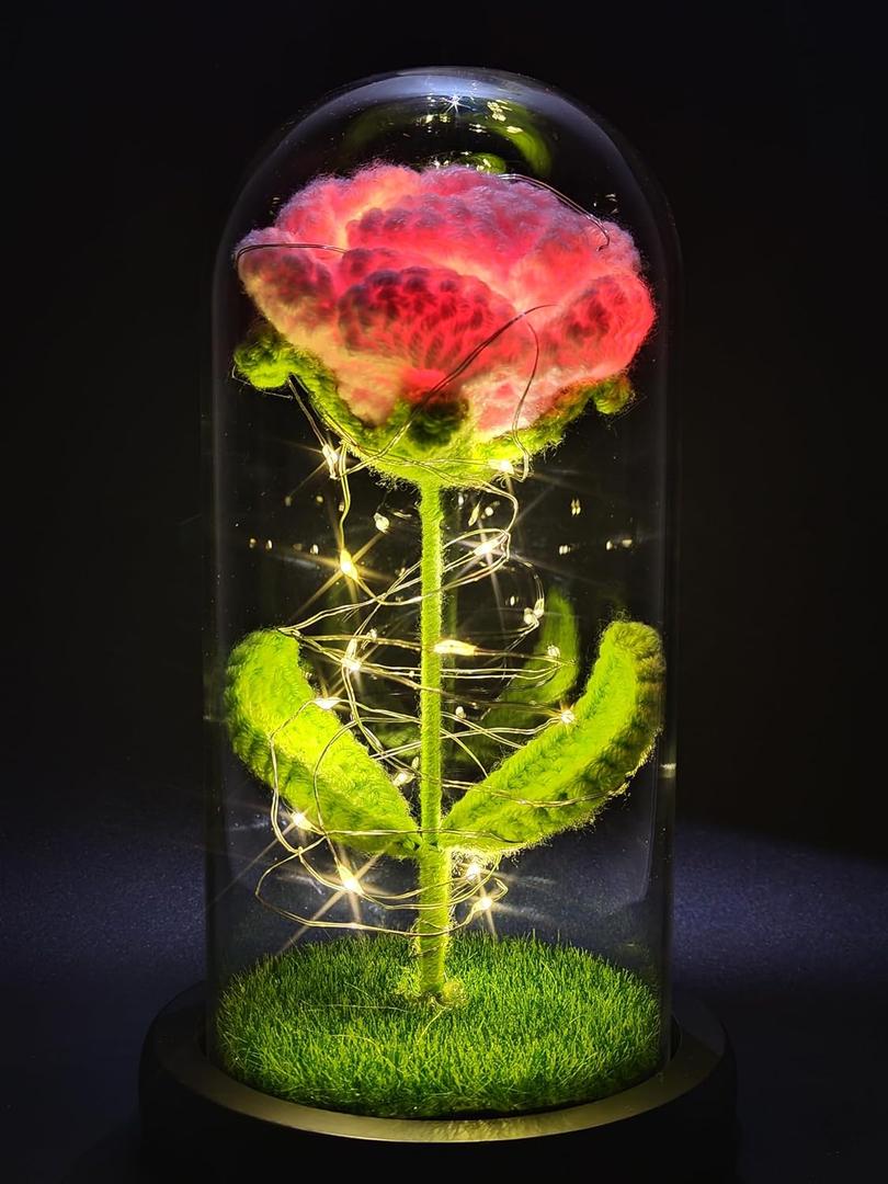 2 x Handmade Crochet Rose Gifts Flower in Glass Dome with LED Light