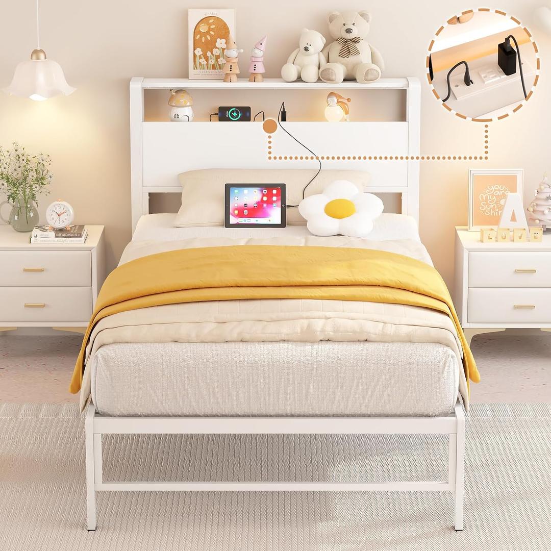 Merronix Twin Bed Frames with Charging Station, 2 Tiers Storage Headboard Twin Sized Bed No Box Spring Needed Heavy Duty Metal Platform, White