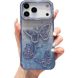 iFiLOVE for iPhone 17 Pro Max Bling Butterfly Case, Cute Luxury Sparkle Glitter Diamond Crystal Rhinestone Protective Case Cover for Girls Women Kids (Blue)