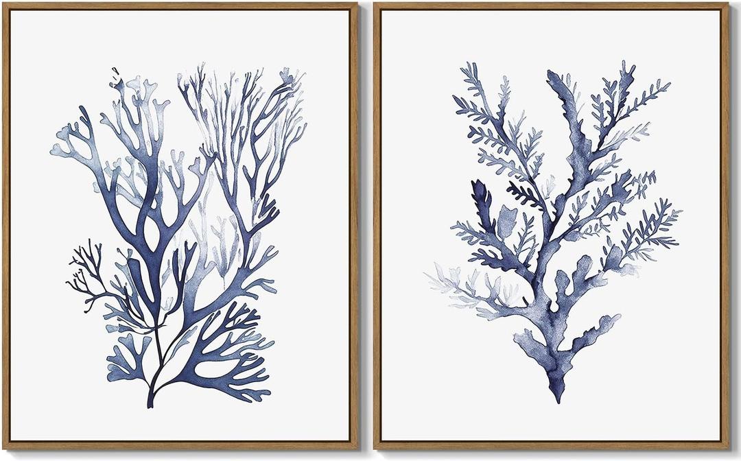 LHZSJWDCCR Sea Coral Wall Art Navy Blue Ocean Coral Painting Prints Coastal Beach Themed Picture Watercolor Corals Wall Decor Framed for Living Room Bedroom Bathroom Decoration Gifts - 11"x14"x2Pcs