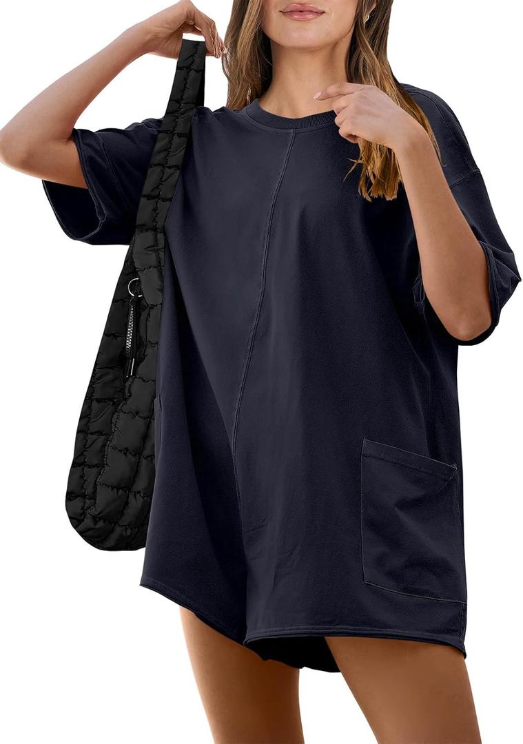 ANRABESS Women Summer Oversized T-Shirt Tee Romper Casual Baggy Short Sleeve Overall Athletic Workout Jumpsuit Trendy Outfits (Large, Navy Blue)