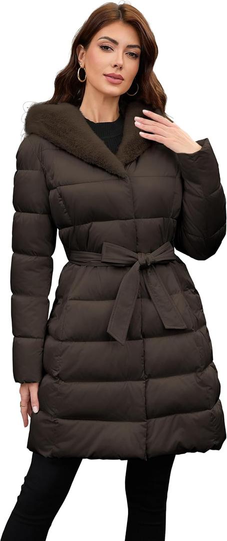 PAPILLON D'OR WEAR YOUR WINGS Women's Long Puffer Coat with Belt, Hood & Furry Lining - Knee-Length Winter Jacket XL