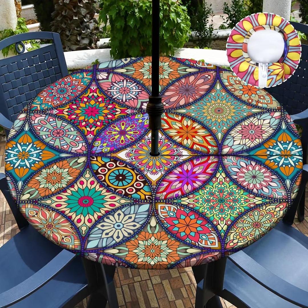 Buwuta Outdoor Tablecloth with Umbrella Hole and Zipper Waterproof Round Patio Table Cover Wipeable Round Outdoor Tablecloth for Patio Tables for Outside, Picnic, Garden… (Brown, 40"(Rund))