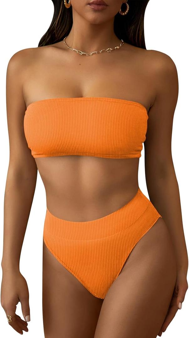 Pink Queen Women's Ribbed High Waisted Bikini Set Removable Strap Bandeau Swimsuit (Orange, XL)