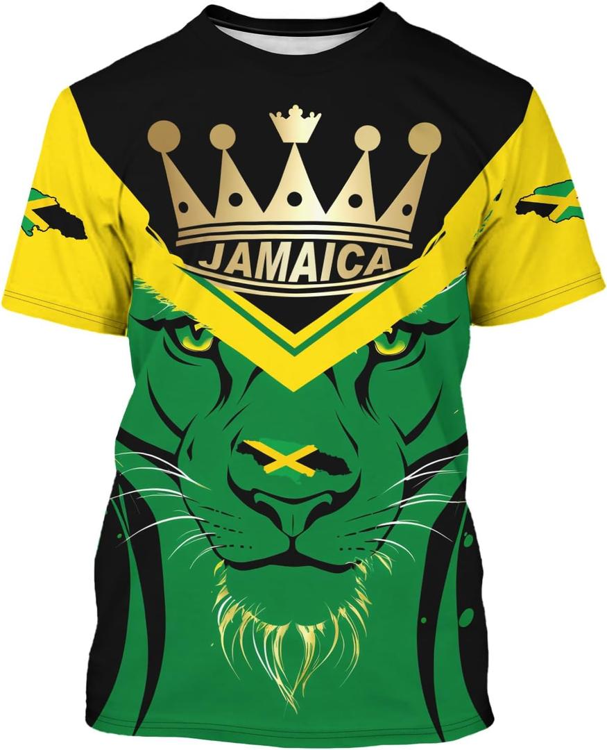 BJU Jamaica Flag T-Shirt Lion Tee Printed Crewneck Short Sleeve Casual Sports Top Unisex (Large)