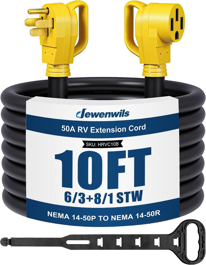 DEWENWILS EV RV Extension Cord 50A 10 Feet, NEMA 14-50P to 14-50R Copper Wire, 125/250VAC 12500W Heavy Duty EV Power Cord, STW Outdoor Waterproof Power Cable, for RV, Camper, ETL Listed, Yellow