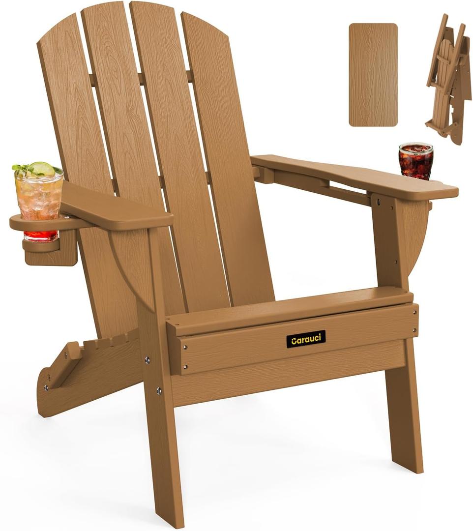 Folding Adirondack Chair, Wooden Textured Plastic Adirondack Chairs with 2 Cup Holder, Weather Resistant HDPE Fire Pit Chair, Outdoor Patio Chairs for Garden, Backyard, Lawn, Deck, 380LBS, Teak (1 Pack)