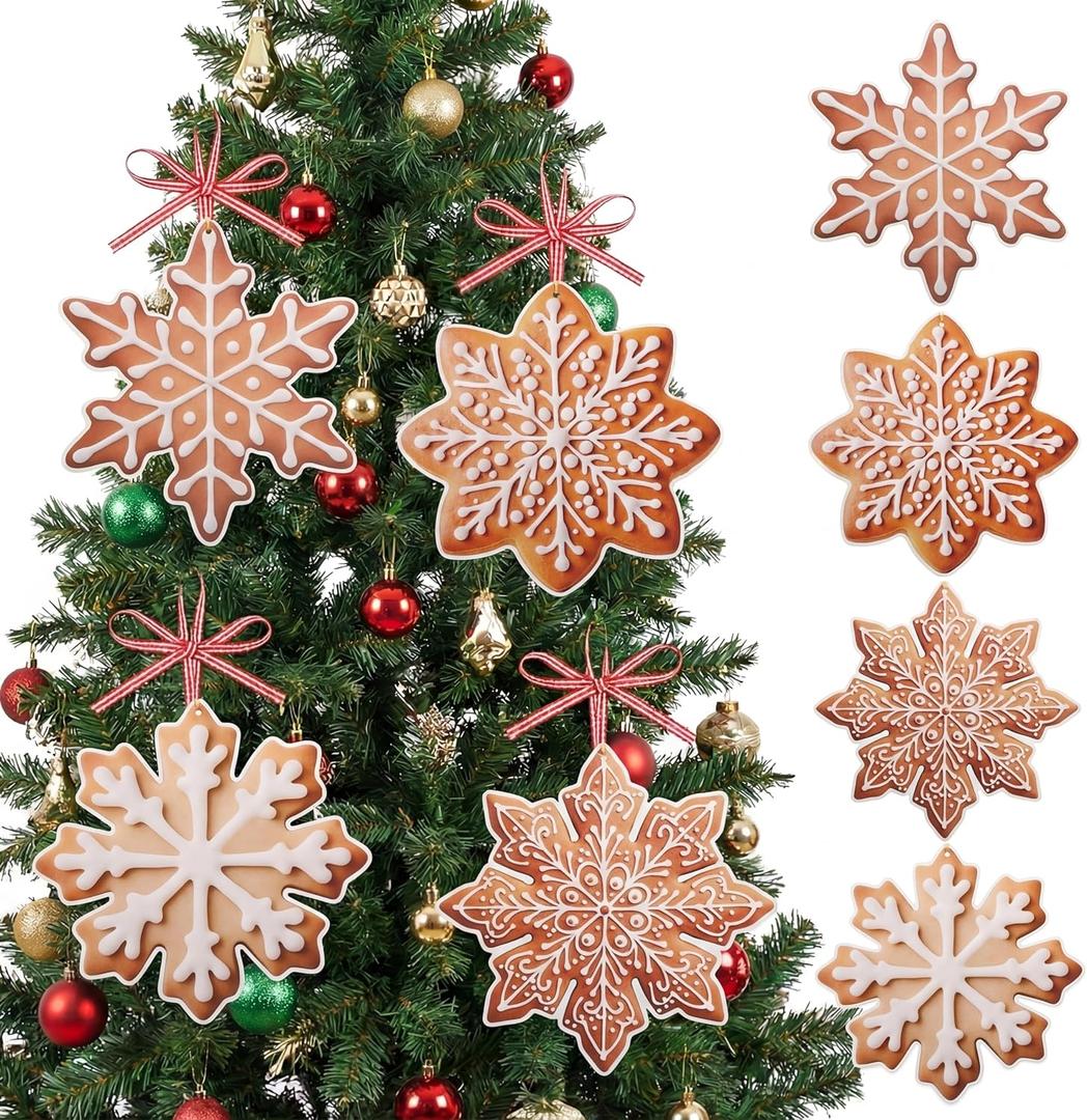 Gueevin 16 Pcs 12" Large Gingerbread Snowflake Ornaments Christmas Tree Ornaments Bulk Xmas Giant Hanging Brown Paper Decor with Ropes Rustic Xmas Decor for Home Winter(Snowflake, Tan)