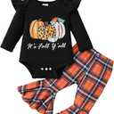 Halloween/Thanksgiving Baby Girl Outfit Pumpkin Romper+Flared Pants Infant Fall Clothes (6-12 Months, Plaid)