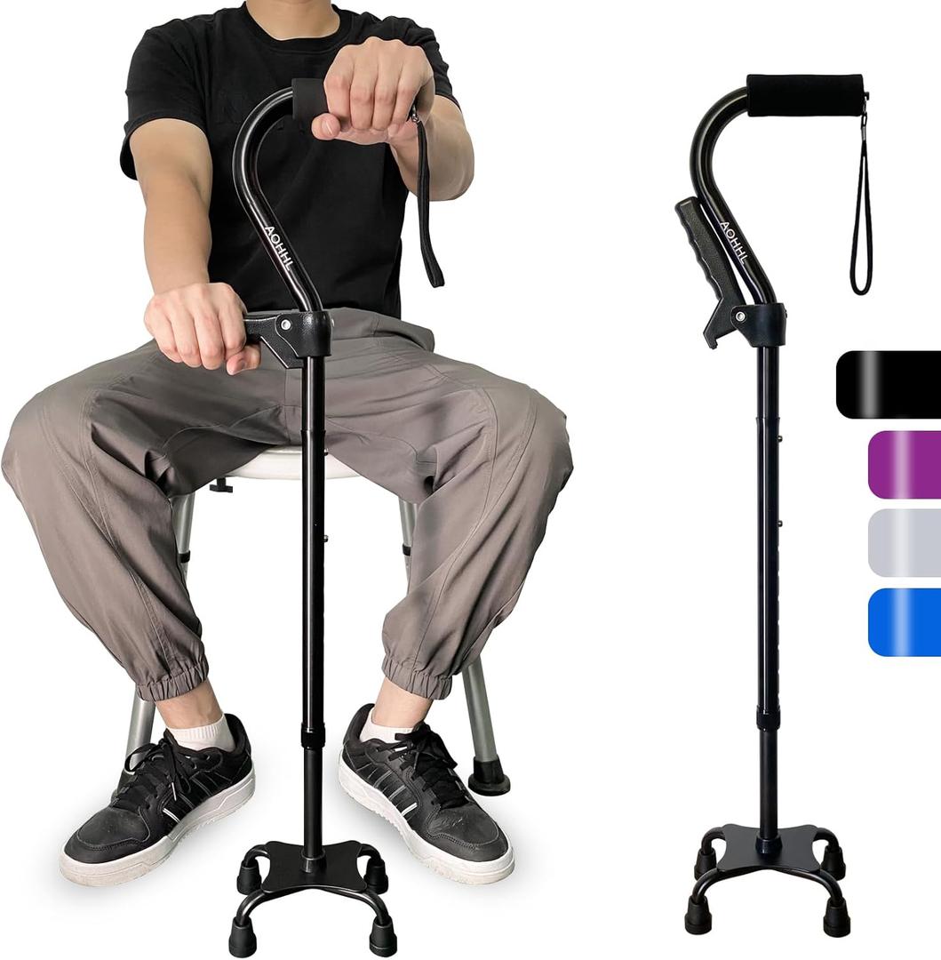 AOHHL Quad Walking Cane Foldable Adjustable Portable Stick Men & Women and Seniors  Lightweight & Sturdy with 4Pronged Base for Extra Stability Balance,Self Standing Gifts for mom Dad(black1)