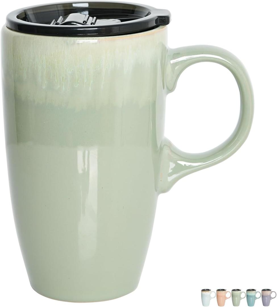 Bosmarlin Ceramic Travel Coffee Mug with Handle and Lid, 18 oz, Portable Coffee Cup for Car Cup Holder, Microwave and Dishwasher Safe, Reactive Glaze (Pale Green)