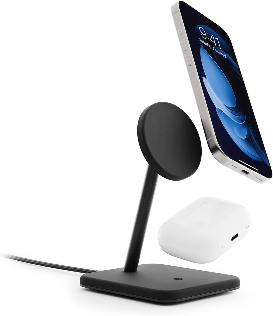 HiRise 2 Deluxe 2-in-1 Wireless Charging Station for Apple Devices - Qi2 MagSafe Charger, Fast Wireless Charger Stand for iPhone 15 14 13 12 11 Pro & Max Series, AirPods Pro/3/2, Black
