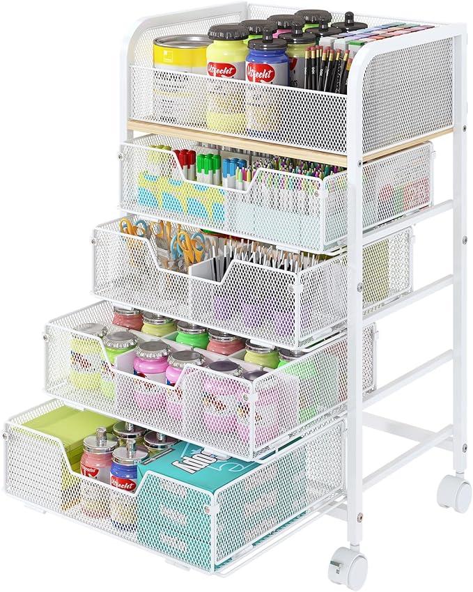 5Tier Craft Organizer Cart with Wheels,Craft Organizers and Storage with Drawers,Lockable Wheels Rolling Utility Cart with DIY Divider,Office Supply Organizer,Ideal for Studio,Office Patent Pending
