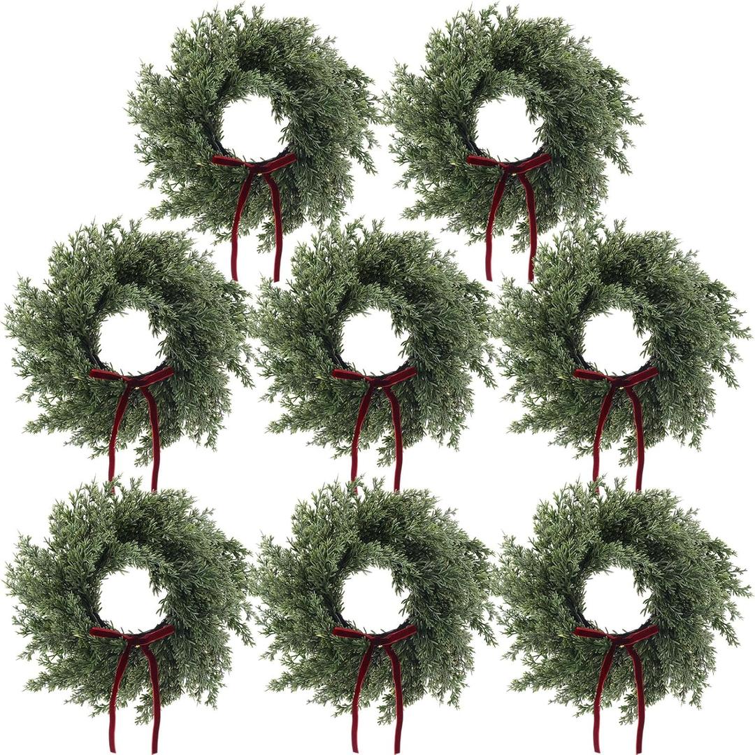8 Set 12 Inches Christmas Cedar Wreaths with Bows Pine Wreath Realistic Christmas Decorations for Holiday Xmas Party, Window, Outdoor Indoor