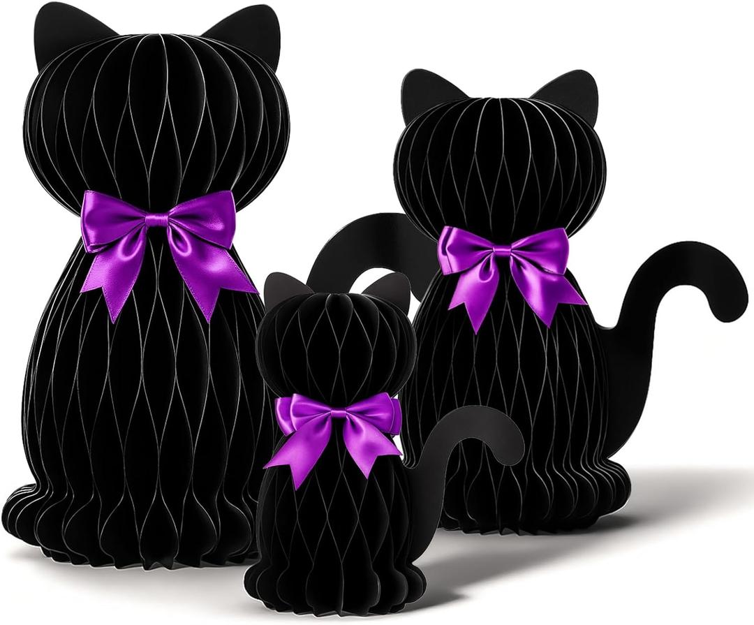 3 Pcs Halloween Cat Honeycomb Centerpieces for Tables Black Halloween Cat Paper Honeycomb Decorations for Indoor Table Witch Theme Birthday Celebration Party Favor