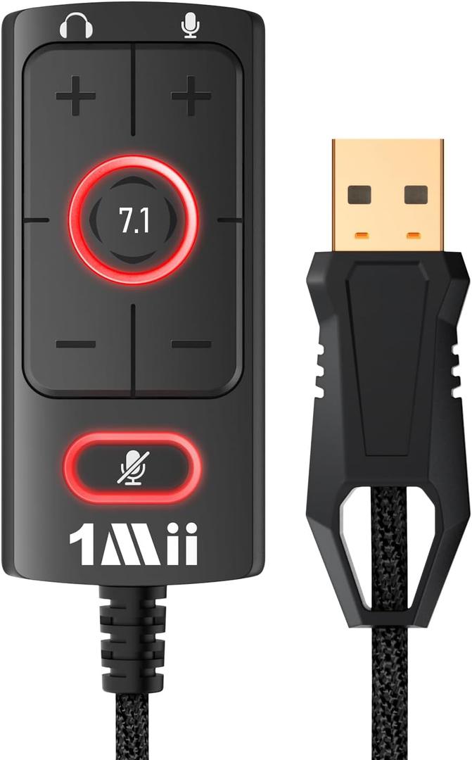 [Upgrade] 1Mii USB Sound Card, 3.5mm Jack Audio Adapter - Virtual 7.1 Surround Sound - USB Adapter for Desktop/Laptop/Game Equipments, External Sound Card No Drivers Needed Plug and Play