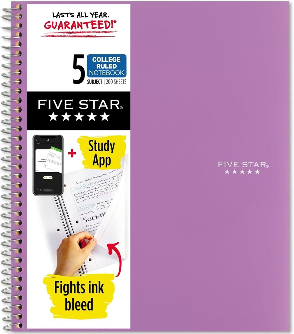 Five Star Spiral Notebook + Study App, 5 Subject, College Ruled Paper, 8-1/2" x 11", 200 Sheets, Fights Ink Bleed, Water Resistant Cover, Amethyst Purple (38748)