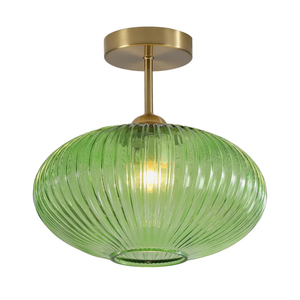 Modern Ceiling Light Green Glass Pendant Light Stairway Mid Century Close to Ceiling Light Gold Semi Flush Mount Ceilings Light Fixture for Island Kitchen Dining Room Hallway 9.8"