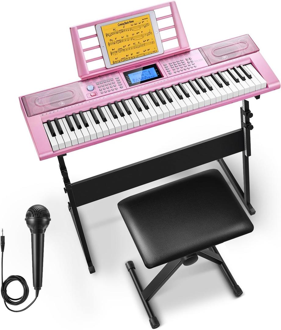 Donner 61 Key Keyboard Piano, Electric Piano Keyboard Kit with 249 Voices, 249 Rhythms - Includes Piano Stand, Stool, Microphone, Gift for Beginners, Pink (DEK-610S), Full