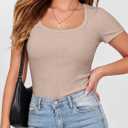 ANRABESS Women Short Sleeve Tops Scoop Neck Ribbed Knit Slim Fitted Basic Tee Shirt Casual Summer Clothes 2026 Spring Outfits (Beige, XL)