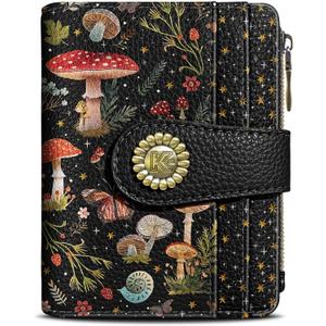 Kelvoris Mushroom Moon Night Small Rfid Women Wallet Bifold Zipper Coin Pocket PU Leather Compact Cash Credit Card Holder Travel Wallet for Female Ladies Teen Girls 1 ID Window 10 Card Slots