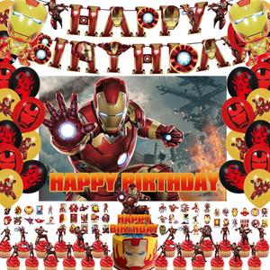 Cartoon Birthday Decorations Party Supplies Set Include Happy Birthday Banner, Latex Balloons, Backdrop, Tablecloth, Hanging Swirls, Cupcake Toppers for Teen Iron Man Theme