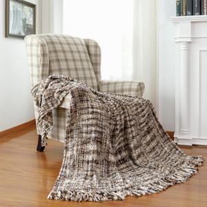 Soft Textured Rustic Blanket Throw with Tassel, Multi-Color Knitted Cozy Farmhouse Throw Blanket for Couch Sofa Chair Bed Office Home Dcor, Beige Brown Tan, 50" x 60"