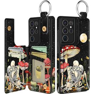 Shorogyt for Samsung S21 Ultra Wallet Case with Card Holder - Designer Mushroom Skull Pattern Kickstand Magnetic Clasp Back Flip Folio Leather Phone Cases for Women Men Girls for Galaxy S21 Ultra