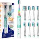 SEAGO Kids Electric Toothbrush with 2 Mins Brushing Timer and 8 Replacement Bursh Heads,Rainbow LED Light Make Brushing Fun, Blue Color Boys Battery Powerd Toothbrush for 4-12 Years Old (Green)