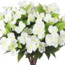 4 Pcs Artificial Impatiens Flowers for Outdoors Silk Impatiens Flowers Bouquet White Fake Plants UV Resistant Faux Impatiens for Outdoor Planters Spring Summer Porch Patio Window Balcony Garden