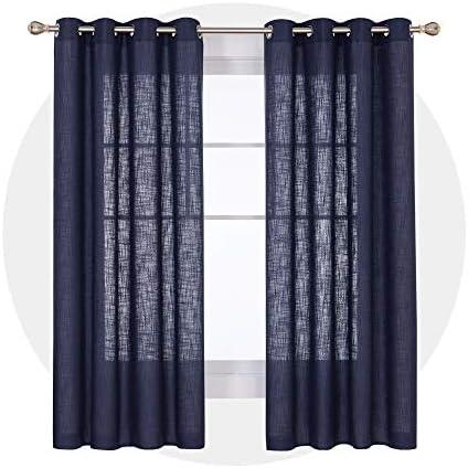 Deconovo Grommet Faux Linen Window Drapes Linen Look Panels Solid Curtains for Living Room Semi Sheer Curtains Navy Blue 52x72 Inch 2 Panels