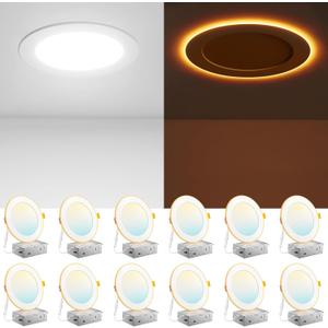 Amico 12 Pack 6 Inch 5CCT LED Recessed Ceiling Light with Night Light, 2700K/3000K/3500K/4000K/5000K Selectable Ultra-Thin Lighting, 12W=110W, 1100LM, Dimmable Canless Wafer Downlight ETL&FCC (White)