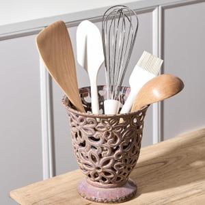 Utensil Holder for Kitchen Counter, Modern Farmhouse Cooking Utensil Holder and Crock Home Kitchen Decor, Ceramic Utensil Organizer for Spatula, Ladle, Eggbeater, Rolling Pin- Kiln-Transformed Purple