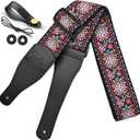 Guitar Strap, Jacquard Embroidered Cotton Straps with Genuine Leather Ends Shoulder Strap for Bass, Acoustic, Electric Guitar (Retro Hot Pink)