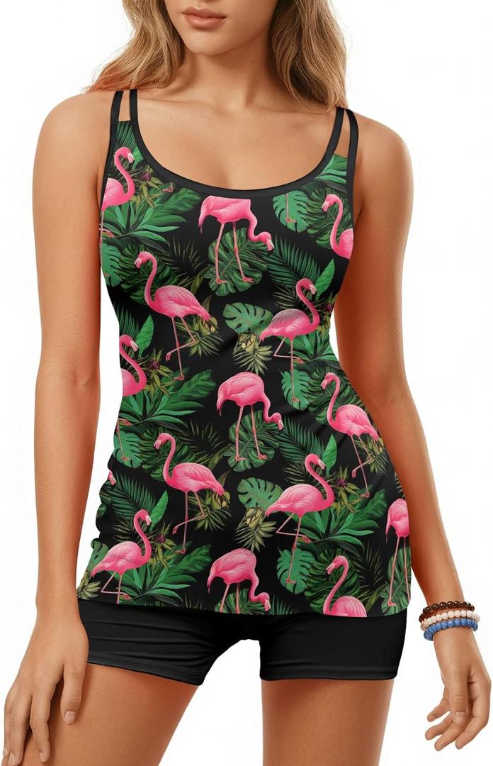 HUNTFAMI Tankinis Swim Suits for Women Two Piece 2025 Womens Bathing Suits Holiday Beachwear Women with Boyshorts (Large, Flamingo 1)