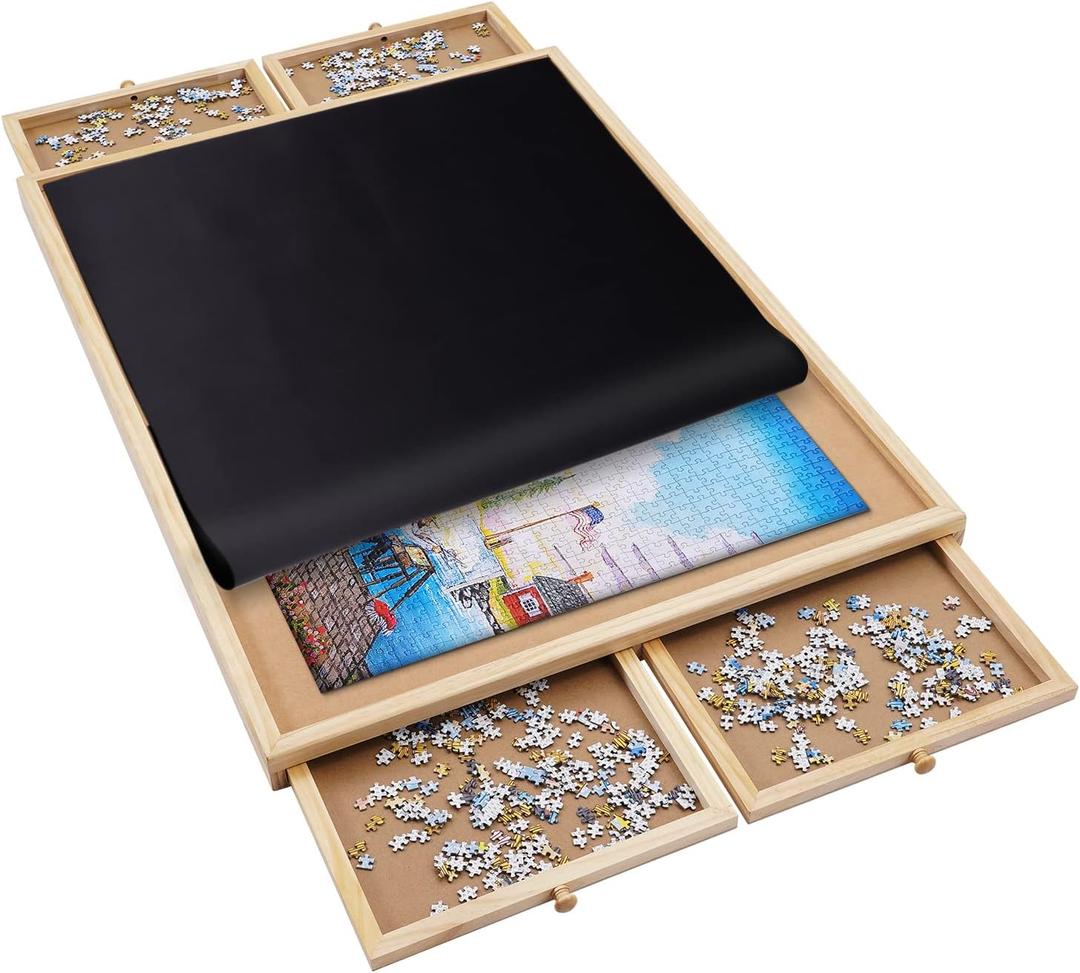 1500 Pieces Wooden Jigsaw Puzzle Board with 4 Drawers for Storing Puzzles, 26 x 35 Large Portable Jigsaw Puzzle Table with Puzzle Cover, Non-Slip Plateau Work Surface for Adults