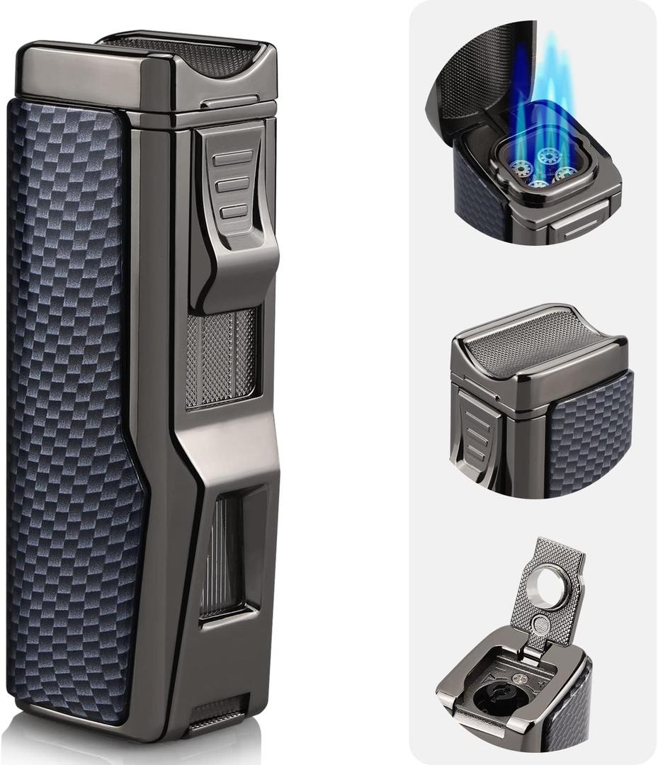 4 Jet Flame Torch Cigar Lighter - Refillable Butane, Windproof With Punch & Holder - Gift for Men Women (Blue Black, Without Gas)