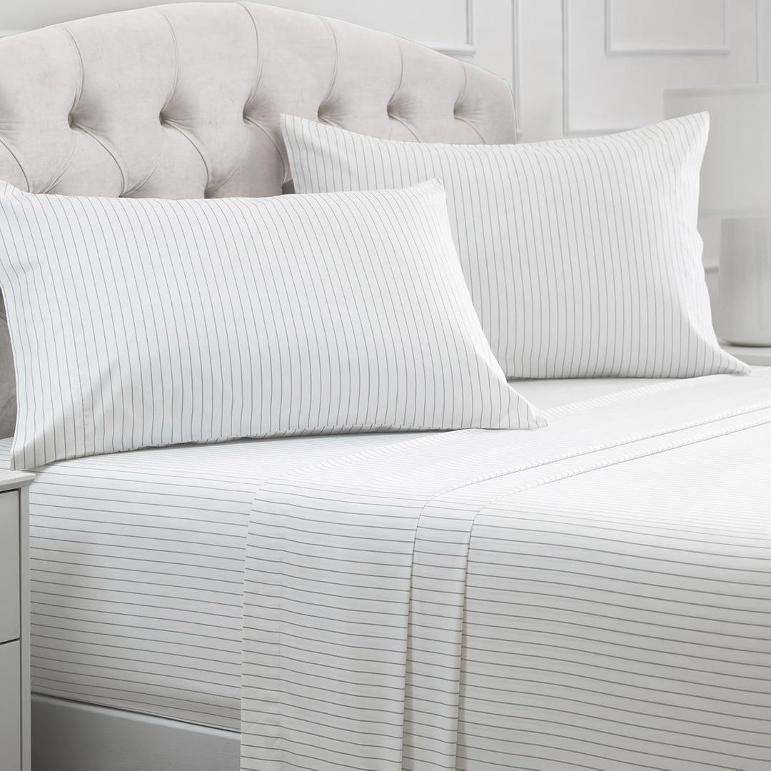 Mellanni Full Sheets Set - 4 PC Iconic Collection Bedding - Hotel Luxury, Extra Soft, Cooling Bed Sheets - Wrinkle, Fade, Stain Resistant (Full, Pinstripe Gray)