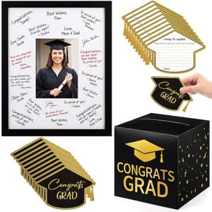 Gueevin Black and Gold Graduation Decorations 2026 Guest Book Alternative Graduation Card Box Advice Cards 11x14in Signature Board Picture Frame for Class of 2026 Congrats Grad Party Decor Supplies