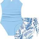 KANGKANG Girls Swimsuit Quick Dry Cut Out One Piece Swimsuits with Tropical Print Cover Up Skirt Bathing Suit Swimwear 7-18Y (12-14 Years, Dark Blue-2)