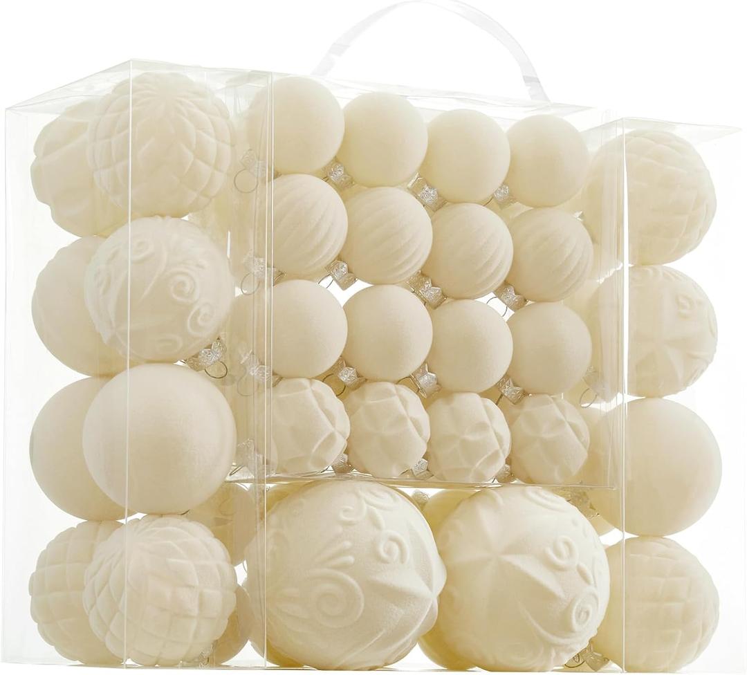 Velvet Christmas Ball Ornaments - 46pcs Flocked Christmas Tree Decorations Set Assorted Shatterproof Hanging Ornaments with Loop for Xmas Holiday Home Decor, 3 Sizes (Cream)