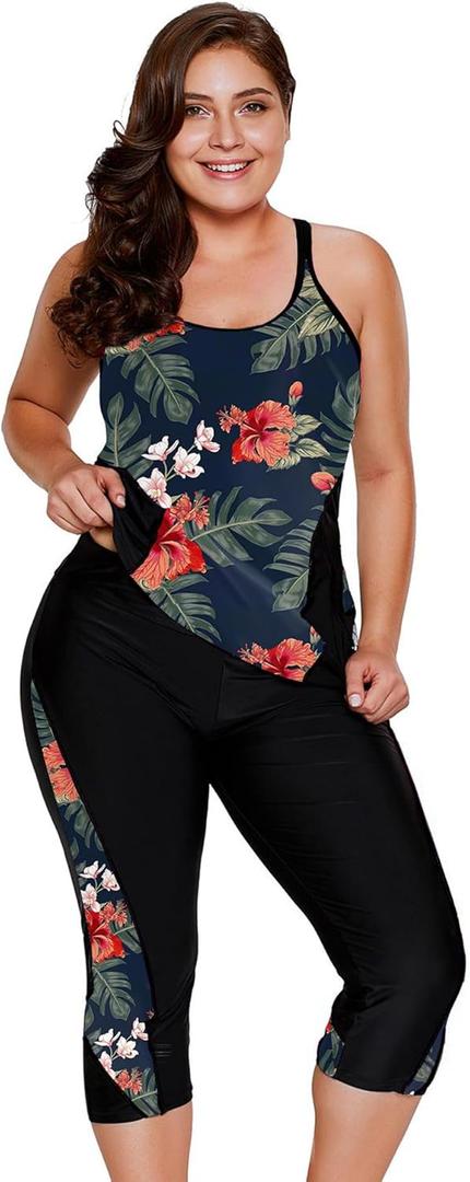LALAGEN Womens Plus Size Swimsuits 2026 Modest Rash Guard Capris Tankini Bathing Suits Two Piece Bathing Suit Swimwear (5X-Large, Orange Flowers)